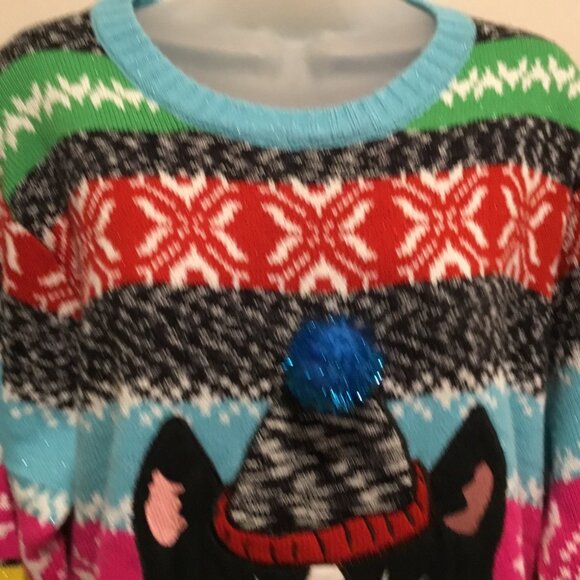 Holiday Hype Cat Christmas Sweater Pom Pom Hat Multicolor Fair Isle Festive Sz L - Picture 4 of 11